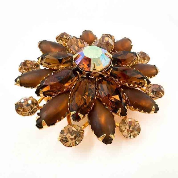 Vintage Signed Judy Lee Rhinestone Brooch Amber Aurora Borealis Star 2" c1970s - Picture 10 of 12